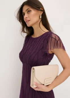 bonprix bonprix Vestido largo de tul delicado con bordado de perlas Lila oscuro Hot