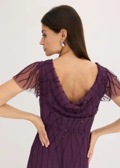 bonprix bonprix Vestido largo de tul delicado con bordado de perlas Lila oscuro Hot