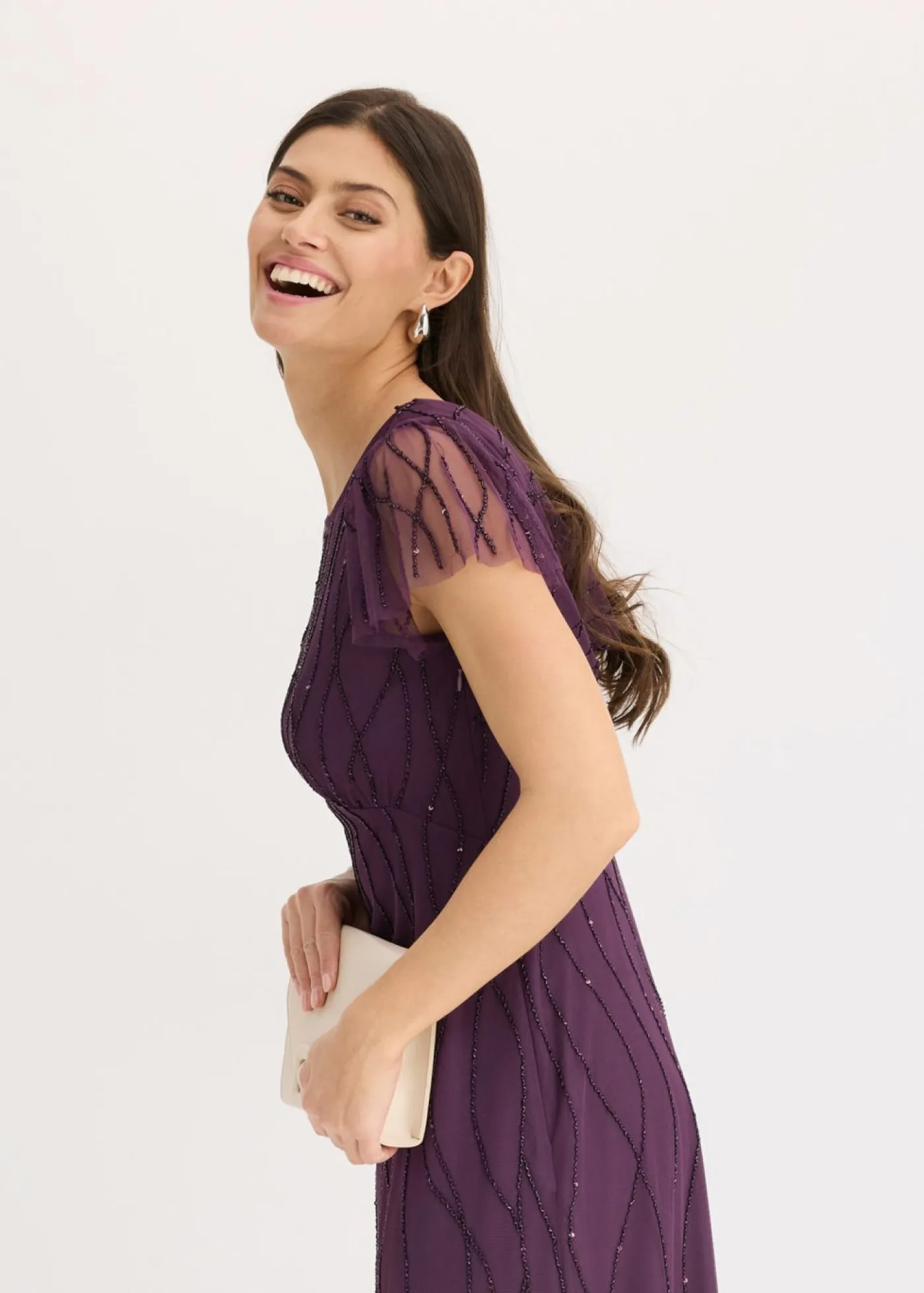 bonprix bonprix Vestido largo de tul delicado con bordado de perlas Lila oscuro Hot