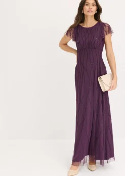 bonprix bonprix Vestido largo de tul delicado con bordado de perlas Lila oscuro