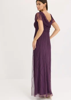 bonprix bonprix Vestido largo de tul delicado con bordado de perlas Lila oscuro