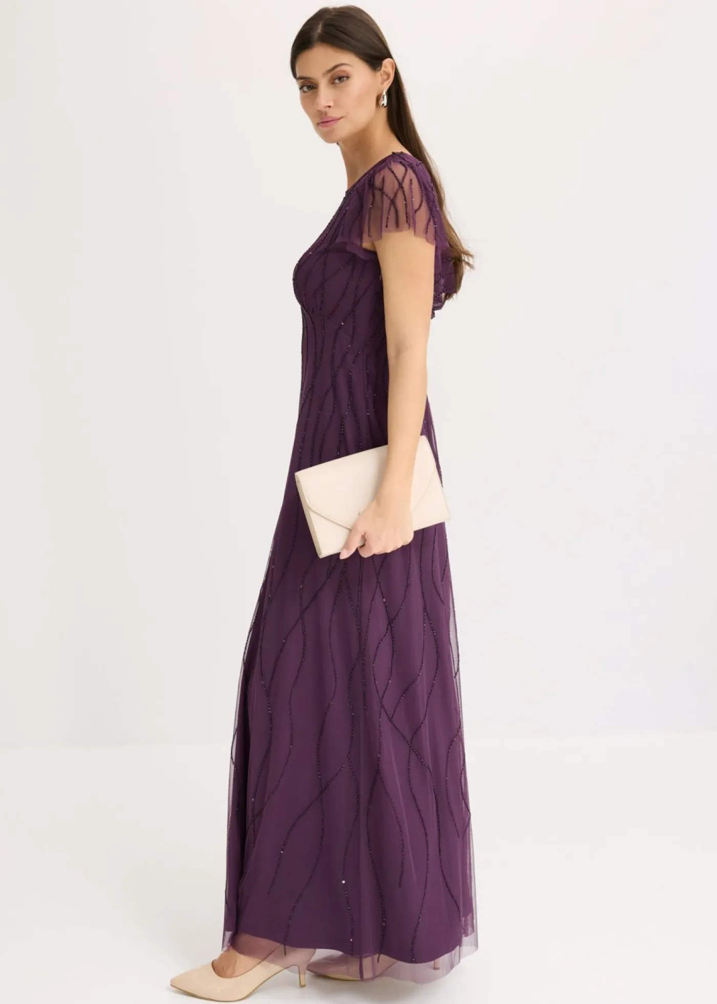 bonprix bonprix Vestido largo de tul delicado con bordado de perlas Lila oscuro