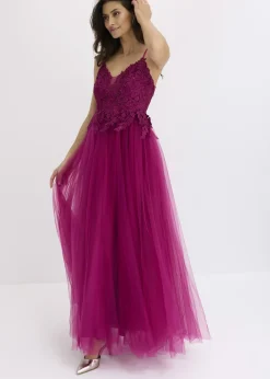 bonprix bonprix Vestido largo de tul delicado con encaje fucsia Discount