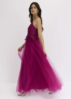 bonprix bonprix Vestido largo de tul delicado con encaje fucsia Discount