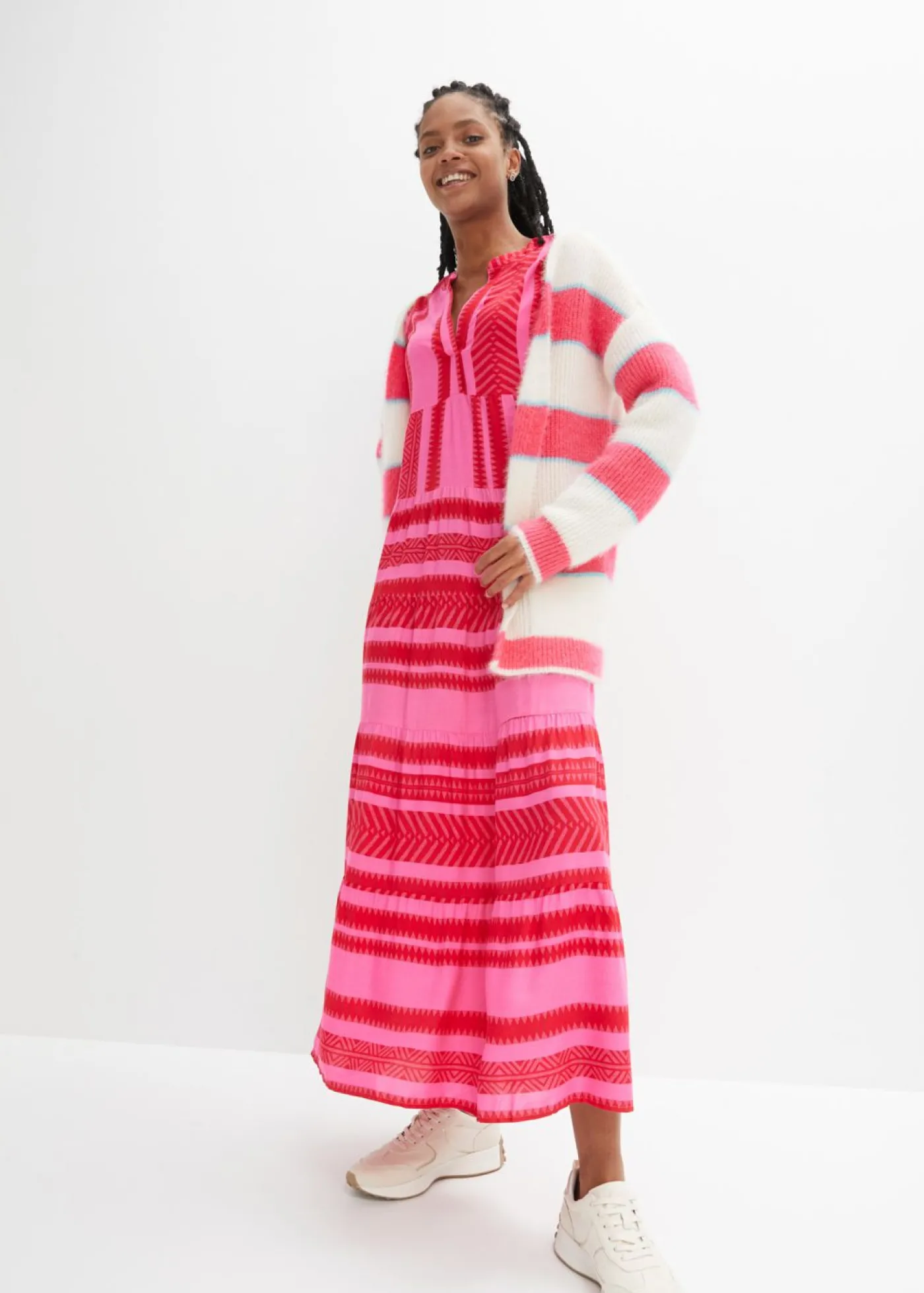 bonprix bonprix Vestido largo de viscosa fluida Rojo-rosa Clearance