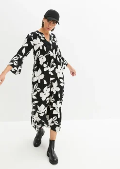 bonprix bonprix Vestido largo de viscosa fluida negro-blanco con flores Clearance