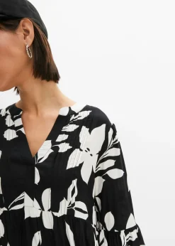 bonprix bonprix Vestido largo de viscosa fluida negro-blanco con flores Clearance