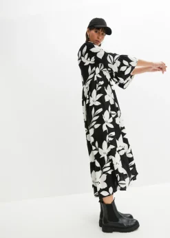 bonprix bonprix Vestido largo de viscosa fluida negro-blanco con flores Clearance
