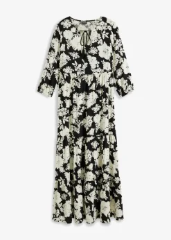 bonprix bonprix Vestido largo de viscosa fluida negro-crema con flores New