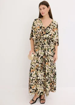 bonprix bonprix Vestido largo de viscosa fluida con lentejuelas estampado leo arena-negro-caqui New