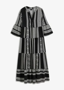 bonprix bonprix Vestido largo de viscosa fluida Negro-Blanco lana con estampado gráfico Discount