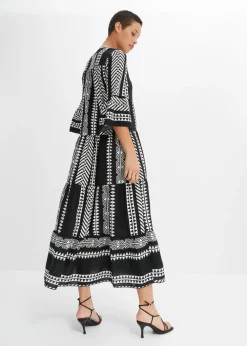 bonprix bonprix Vestido largo de viscosa fluida Negro-Blanco lana con estampado gráfico Discount