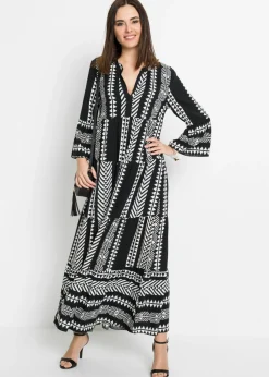 bonprix bonprix Vestido largo de viscosa fluida Negro-Blanco lana con estampado gráfico Discount