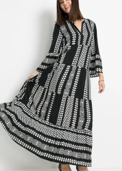 bonprix bonprix Vestido largo de viscosa fluida Negro-Blanco lana con estampado gráfico Discount