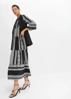 bonprix bonprix Vestido largo de viscosa fluida Negro-Blanco lana con estampado gráfico Discount