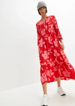bonprix bonprix Vestido largo de viscosa fluida fresa/rosa loto con flores New