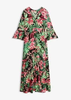 bonprix bonprix Vestido largo de viscosa fluida Negro-verde de flores Online