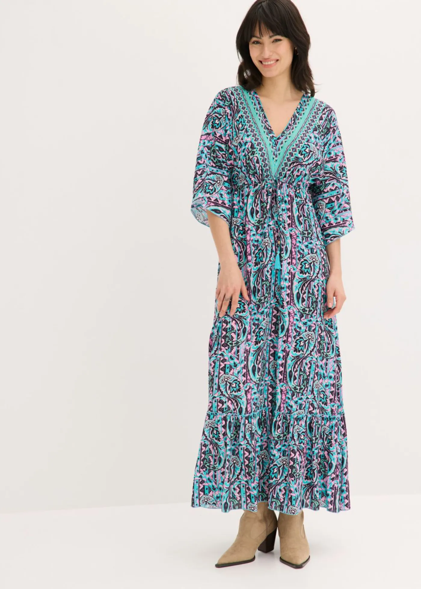 bonprix bonprix Vestido largo estampado de viscosa fluida turquesa/púrpura Online