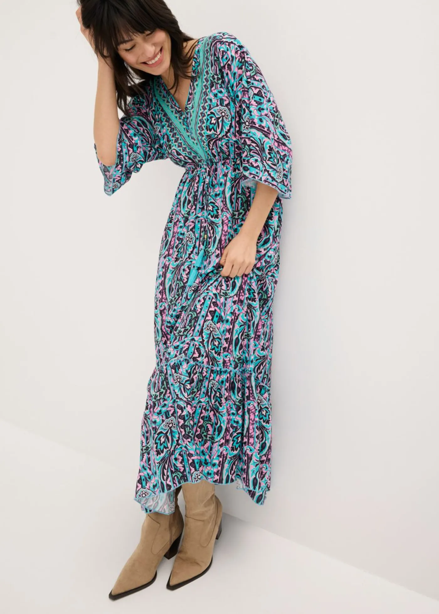 bonprix bonprix Vestido largo estampado de viscosa fluida turquesa/púrpura Online