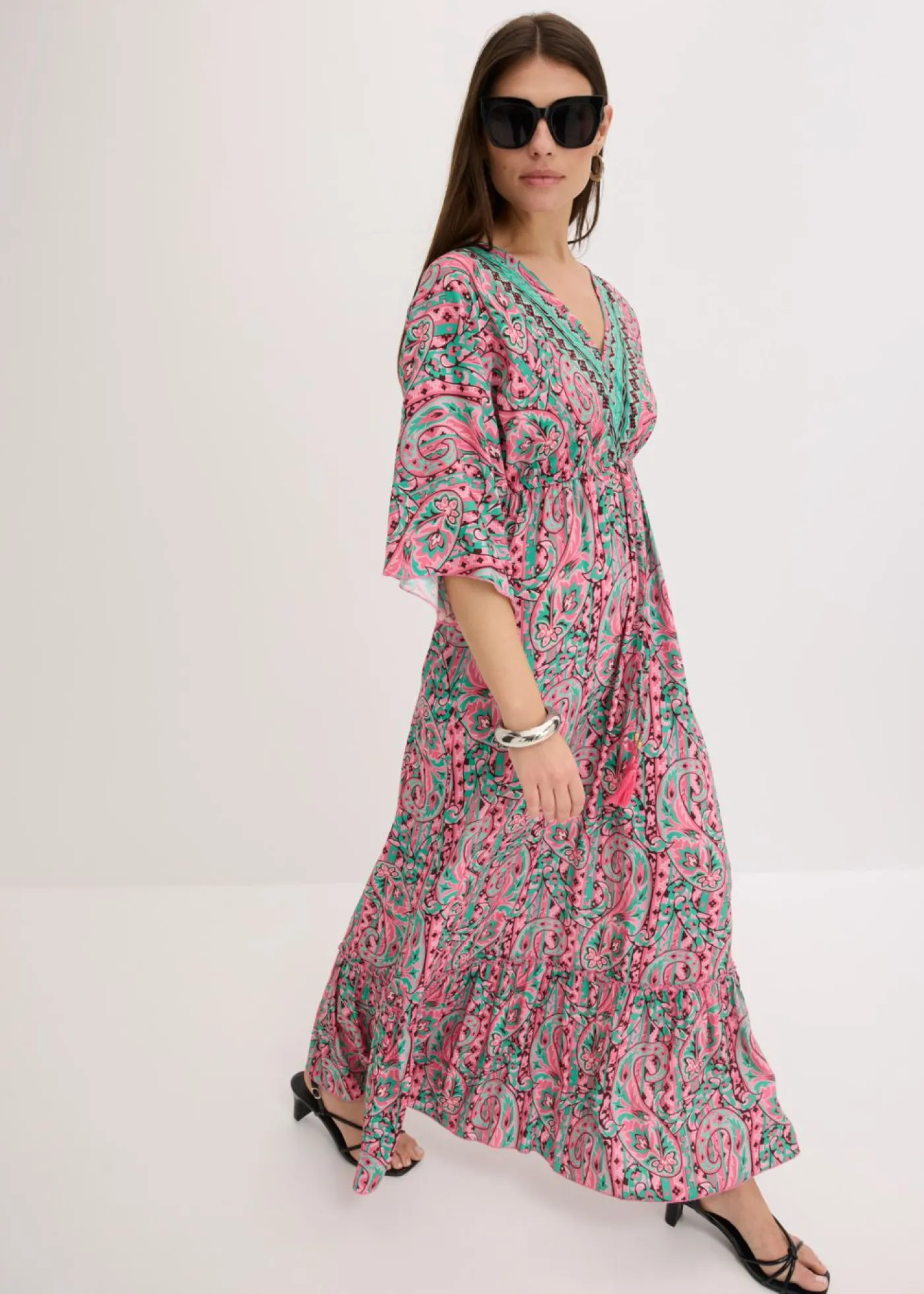 bonprix bonprix Vestido largo estampado de viscosa fluida rosa caliente/turquesa Sale
