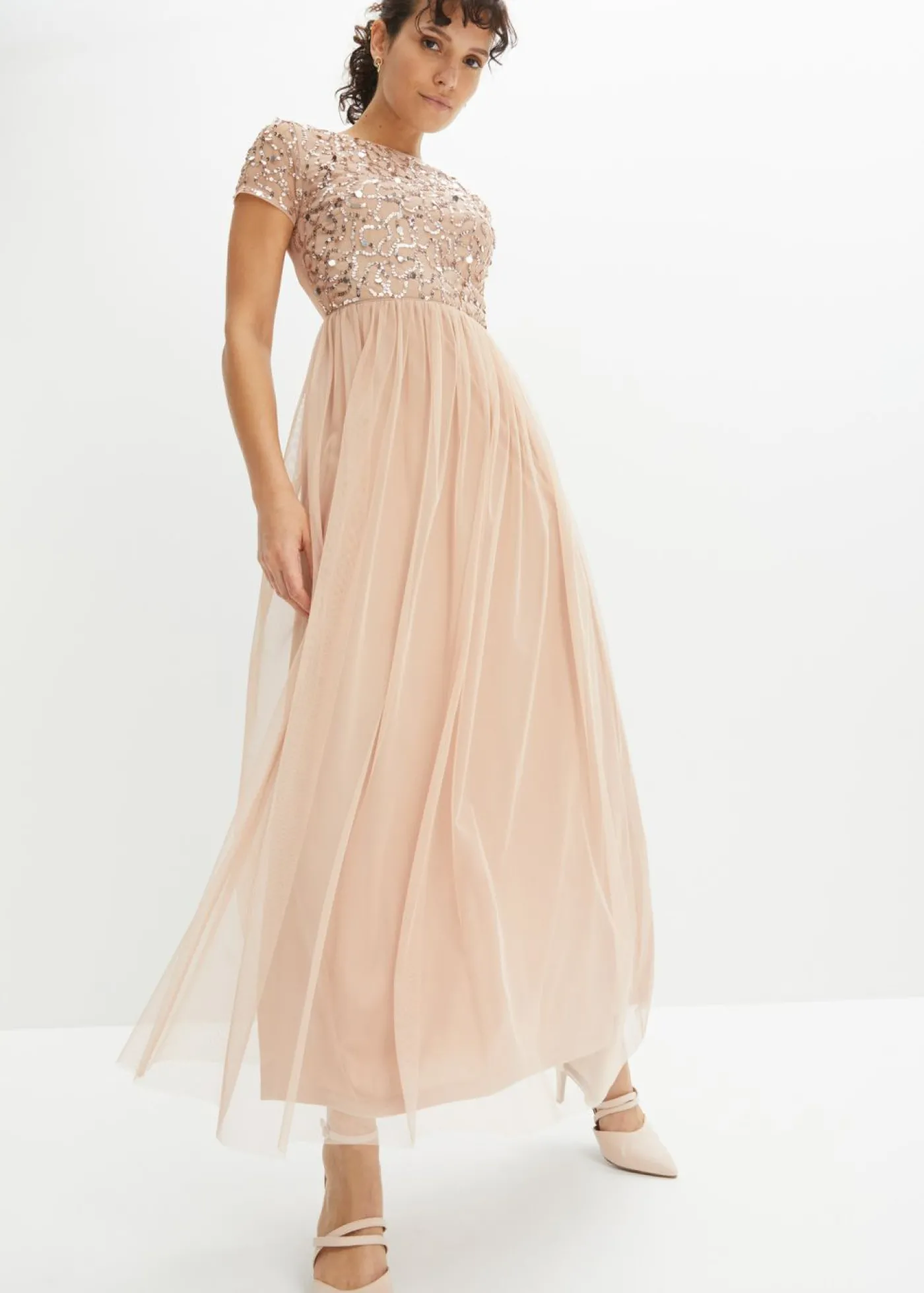bonprix bonprix Vestido maxi con bordado de lentejuelas rosa pálido Sale