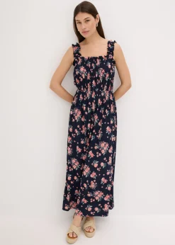 bonprix bonprix Vestido maxi de mezcla de viscosa fluida Azul marino de flores New