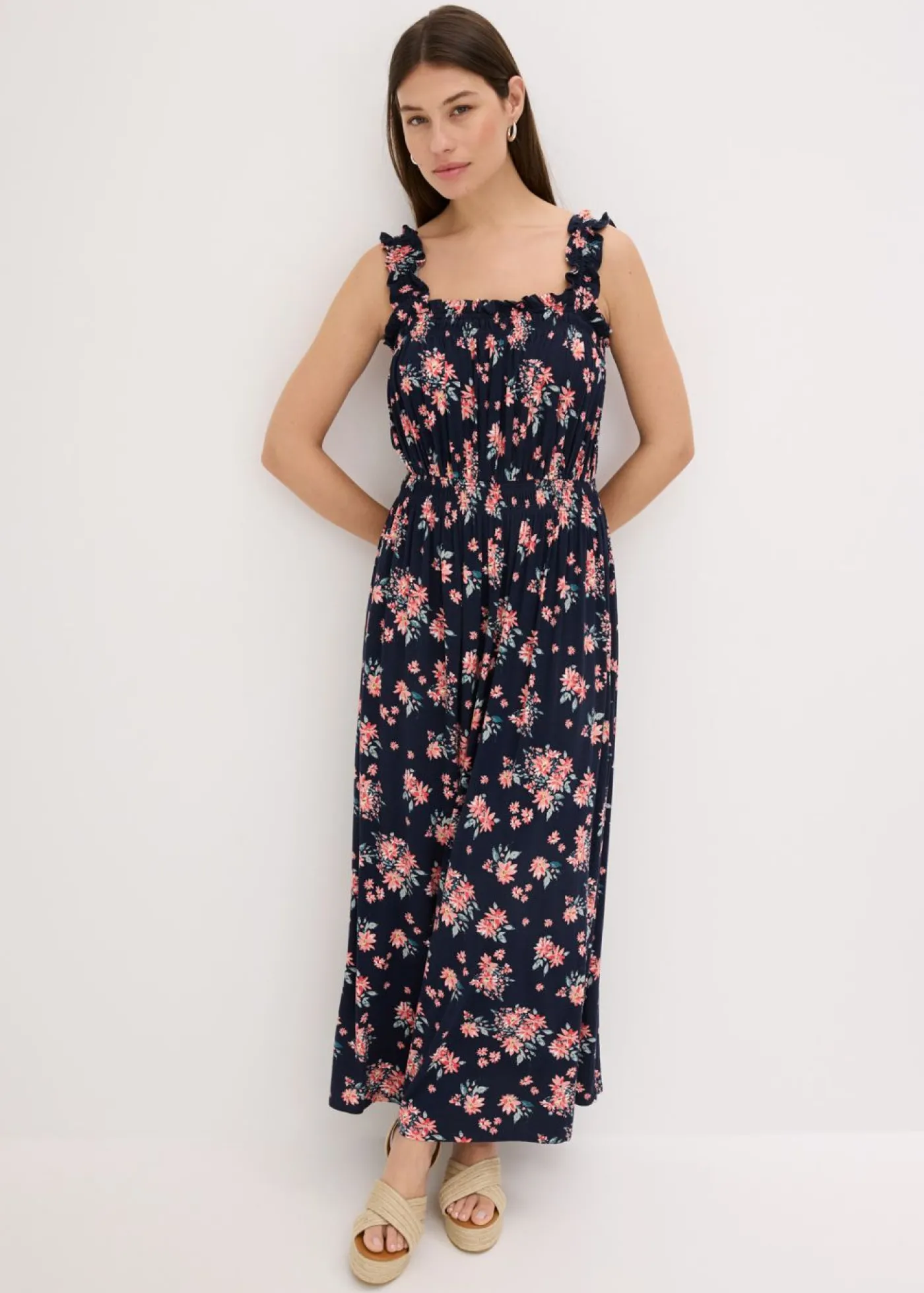 bonprix bonprix Vestido maxi de mezcla de viscosa fluida Azul marino de flores New
