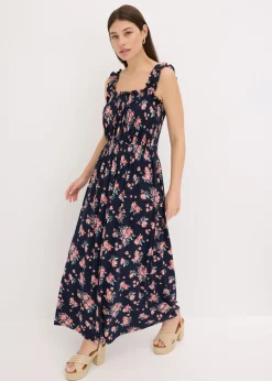 bonprix bonprix Vestido maxi de mezcla de viscosa fluida Azul marino de flores New