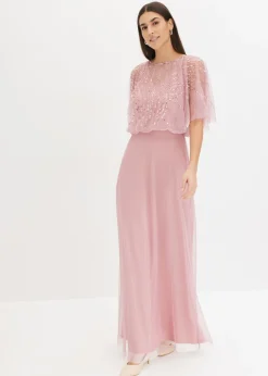 bonprix bonprix Vestido maxi de tul fino con bordado de lentejuelas Rosa Online