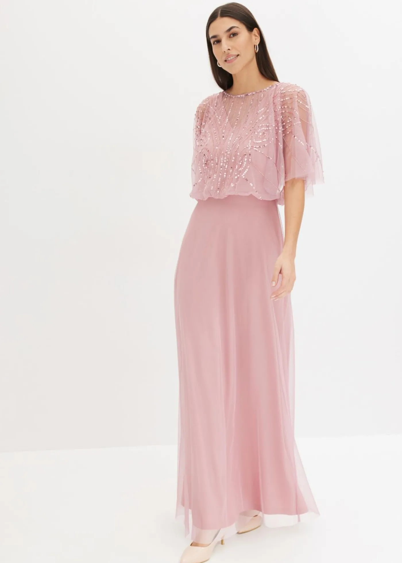 bonprix bonprix Vestido maxi de tul fino con bordado de lentejuelas Rosa Online