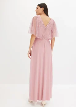 bonprix bonprix Vestido maxi de tul fino con bordado de lentejuelas Rosa Online