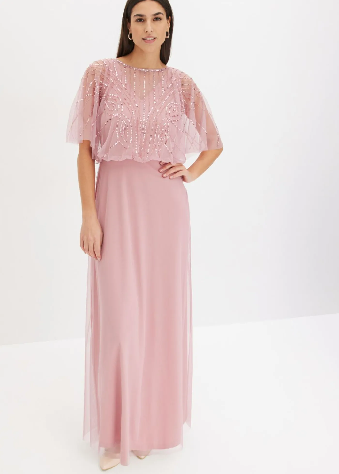 bonprix bonprix Vestido maxi de tul fino con bordado de lentejuelas Rosa Online