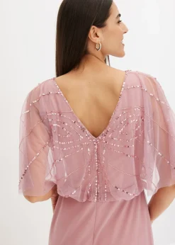 bonprix bonprix Vestido maxi de tul fino con bordado de lentejuelas Rosa Online