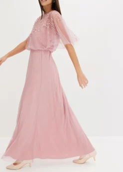 bonprix bonprix Vestido maxi de tul fino con bordado de lentejuelas Rosa Online