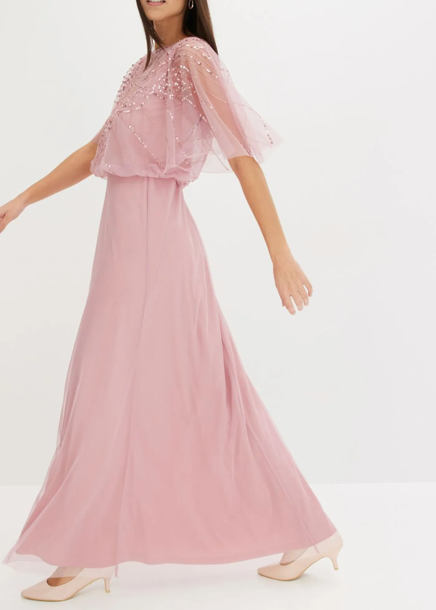 bonprix bonprix Vestido maxi de tul fino con bordado de lentejuelas Rosa Online