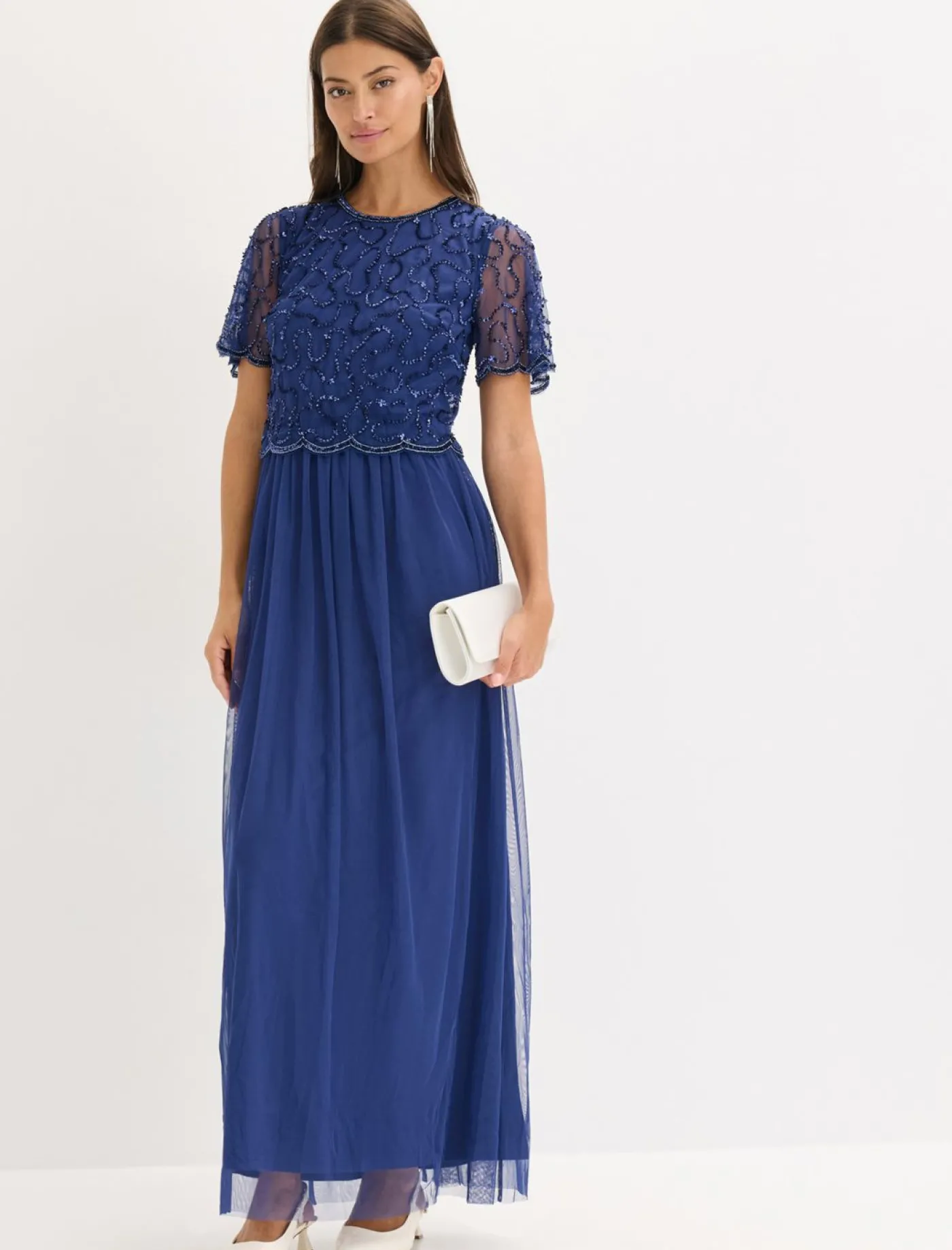 bonprix bonprix Vestido maxi de tul fino con bordado de lentejuelas menta cristal New