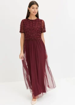 bonprix bonprix Vestido maxi de tul fino con bordado de lentejuelas Rojo oscuro Best