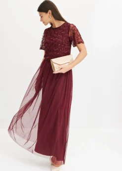 bonprix bonprix Vestido maxi de tul fino con bordado de lentejuelas Rojo oscuro Best