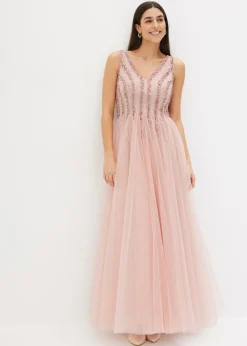 bonprix bonprix Vestido maxi de tul fino con bordado de lentejuelas Rosa New