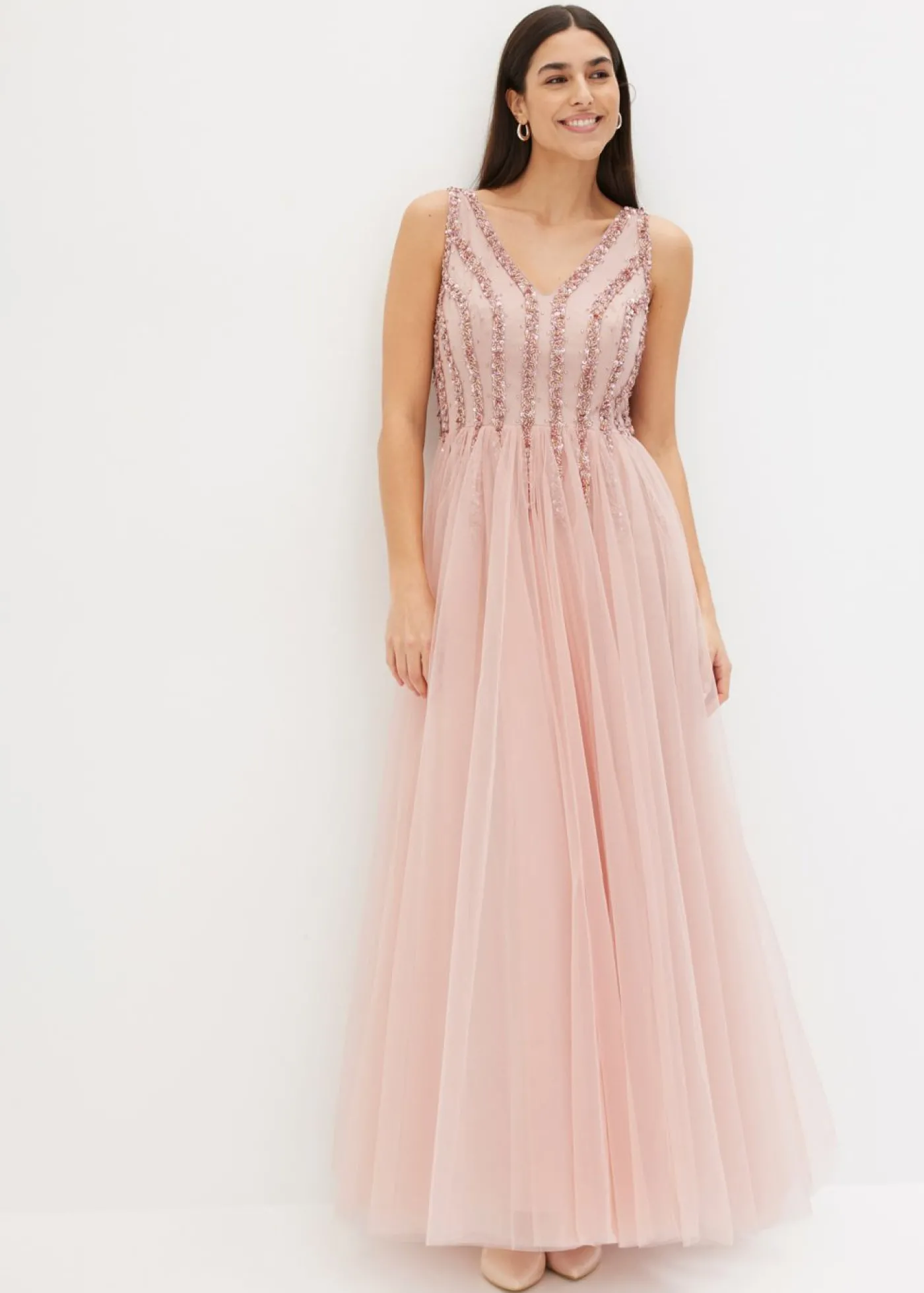 bonprix bonprix Vestido maxi de tul fino con bordado de lentejuelas Rosa New