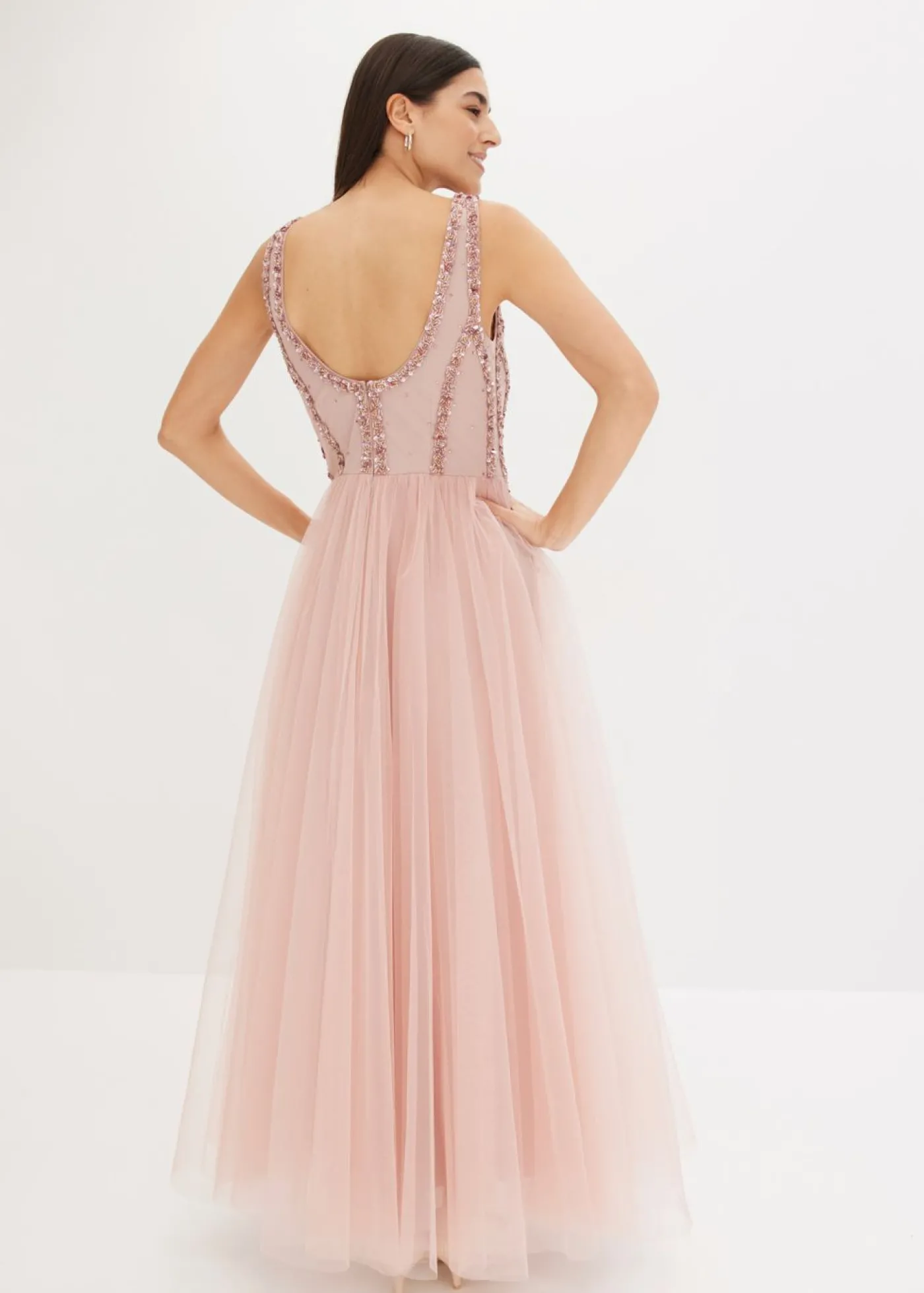 bonprix bonprix Vestido maxi de tul fino con bordado de lentejuelas Rosa New