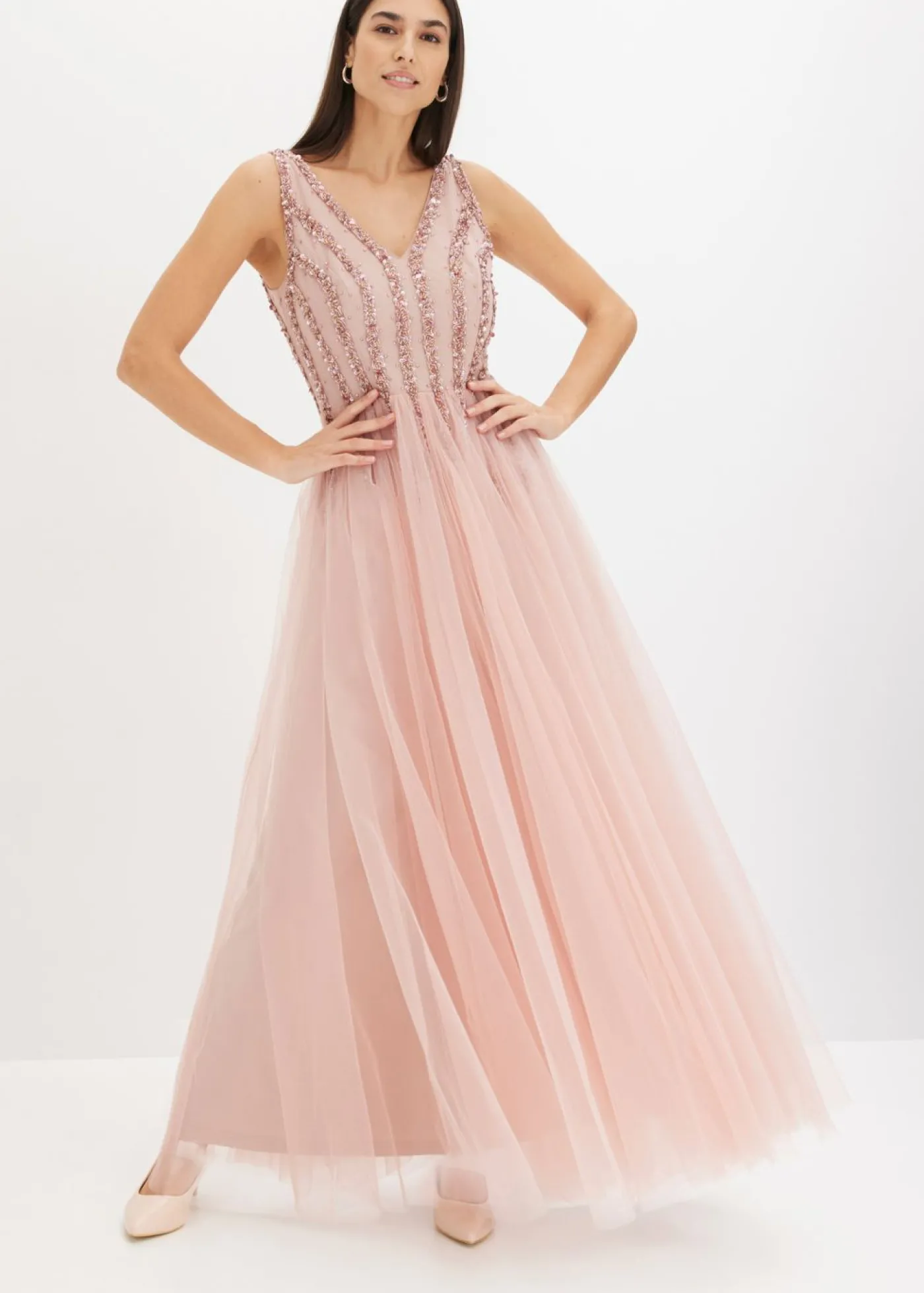 bonprix bonprix Vestido maxi de tul fino con bordado de lentejuelas Rosa New