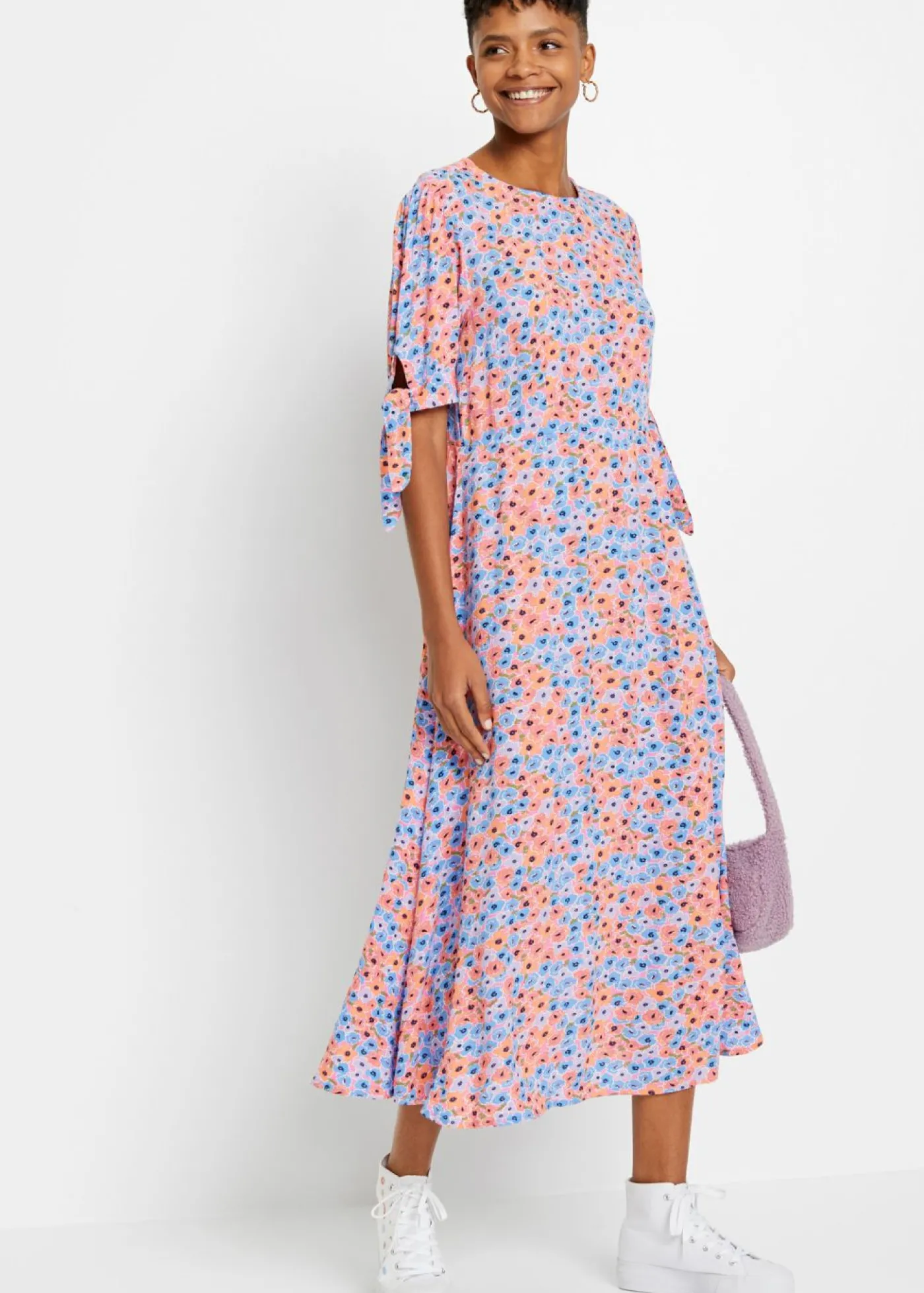 bonprix bonprix Vestido midi violeta claro/narajna suave con flores New