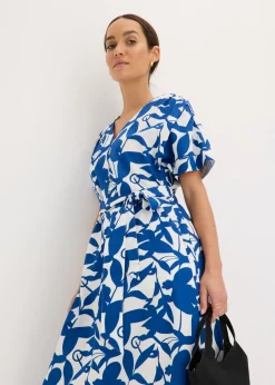 bonprix bonprix Vestido midi Azul ártico/blanco lana de flores New