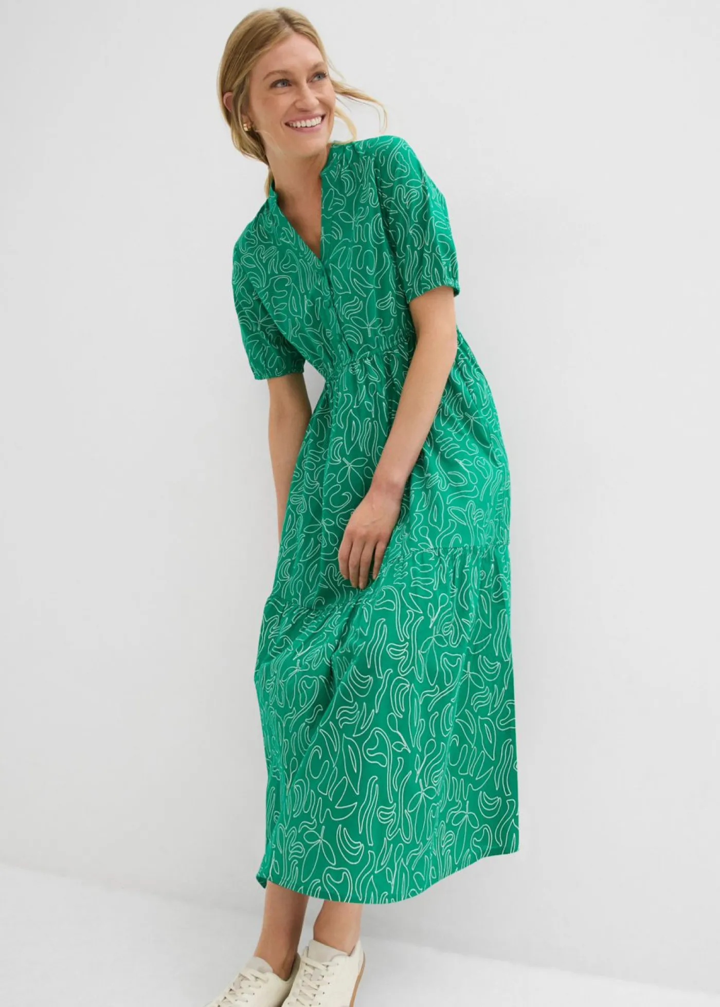 bonprix bonprix Vestido midi ancho de algodón puro Verde menta-blanco lana estampado