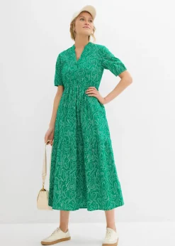 bonprix bonprix Vestido midi ancho de algodón puro Verde menta-blanco lana estampado