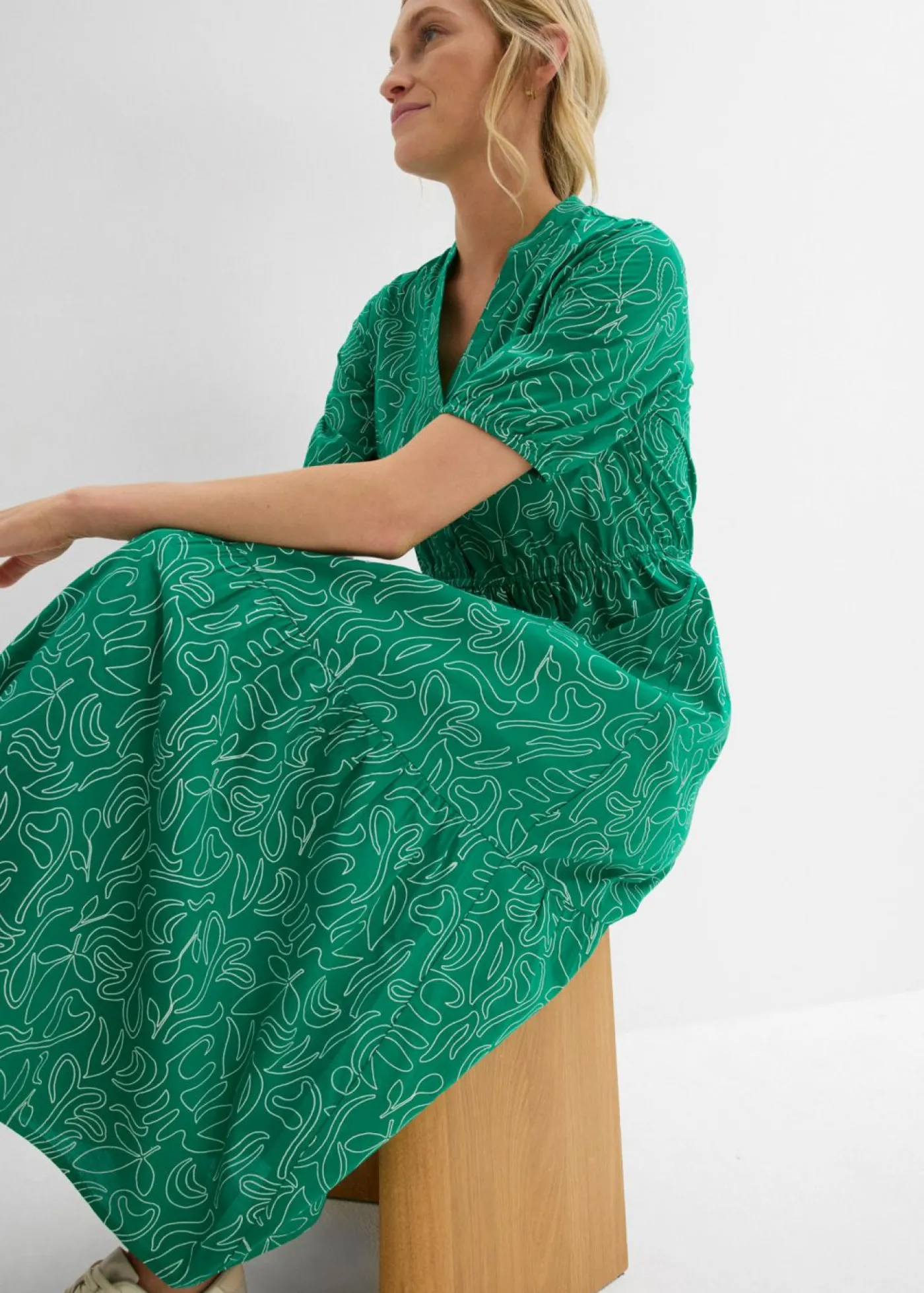 bonprix bonprix Vestido midi ancho de algodón puro Verde menta-blanco lana estampado
