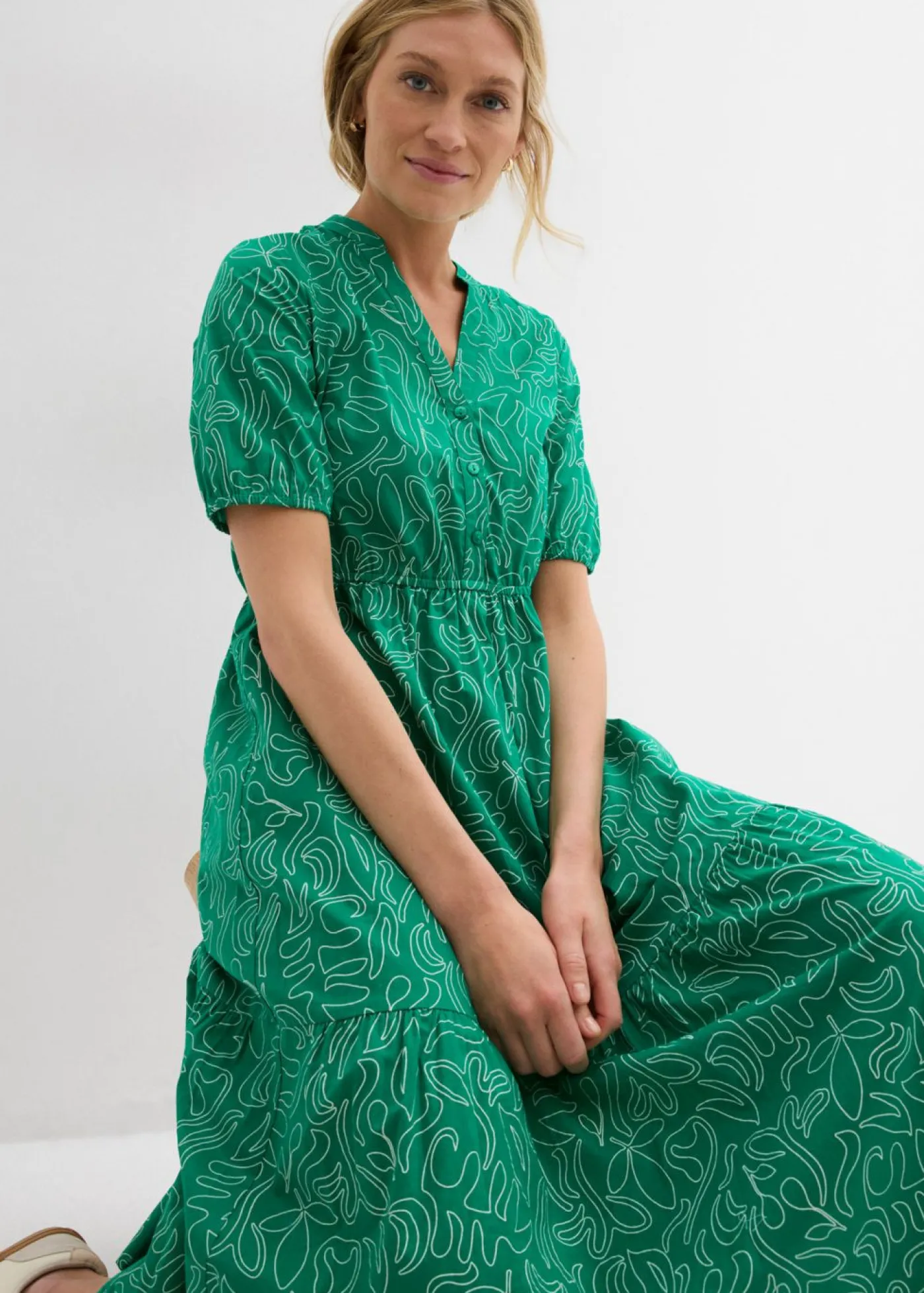 bonprix bonprix Vestido midi ancho de algodón puro Verde menta-blanco lana estampado