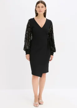 bonprix bonprix Vestido midi con bordado de lentejuelas en las mangas Negro Hot