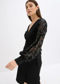 bonprix bonprix Vestido midi con bordado de lentejuelas en las mangas Negro Hot